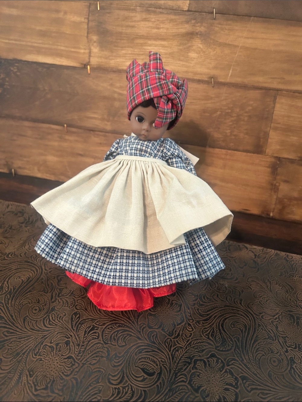 Blue Plaid Doll with Cream Apron and Red Headwrap